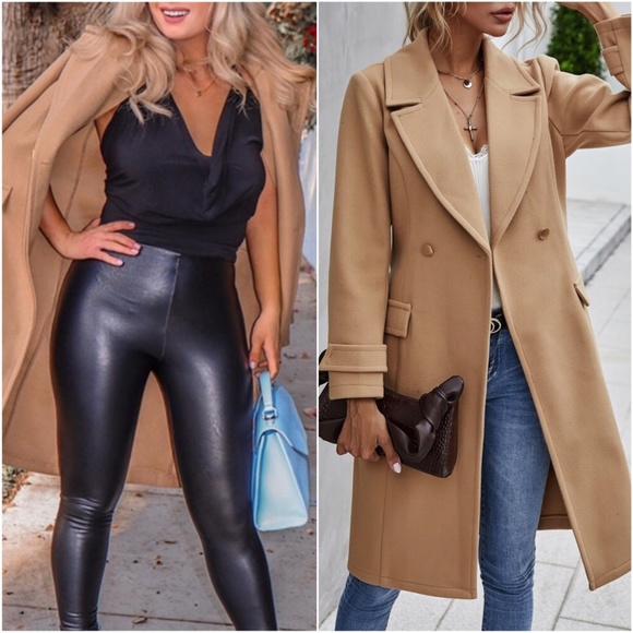 Camel Button Trench Pea Coat Belted Jacket - Picture 1 of 8